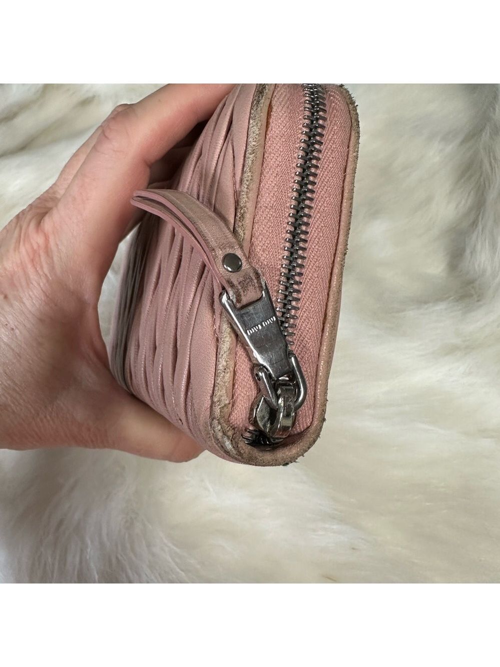 MIU MIU LOGO PEARL RHINESTONE MATELASSE LEATHER ZIPPY ZIP AROUND LONG WALLET - Picture 7 of 13